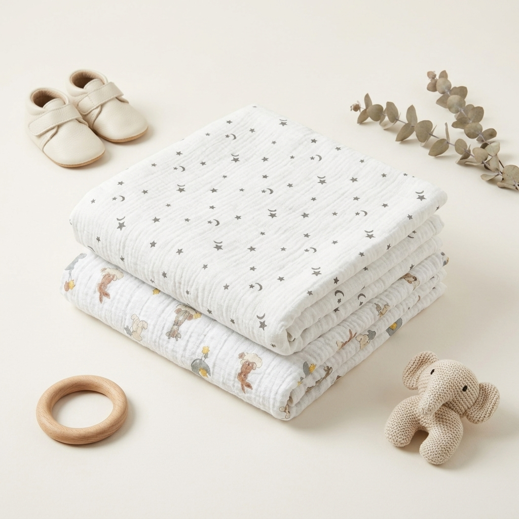 Two folded white muslin baby swaddle blankets with printed celestial and animal motifs, styled on a warm cream background with baby shoes, a wooden teether ring, a knitted elephant rattle, and dried eucalyptus stems.