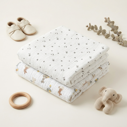 Two folded white muslin baby swaddle blankets with printed celestial and animal motifs, styled on a warm cream background with baby shoes, a wooden teether ring, a knitted elephant rattle, and dried eucalyptus stems.