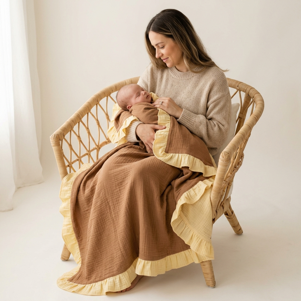 A woman seated in a woven rattan chair cradles a baby wrapped in a camel muslin blanket with  yellow ruffled trim, against a soft cream background.