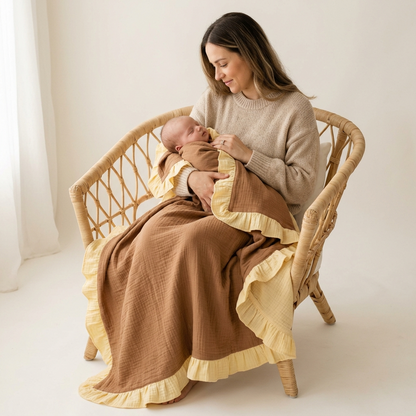 A woman seated in a woven rattan chair cradles a baby wrapped in a camel muslin blanket with  yellow ruffled trim, against a soft cream background.