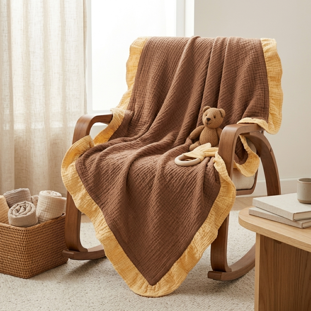 A camel textured blanket with a yellow ruffled border draped over a wooden rocking chair in a softly lit nursery or living room setting. A small teddy bear toy and a ring are placed on the chair, with a wicker basket, curtains, and a side table visible in the background.