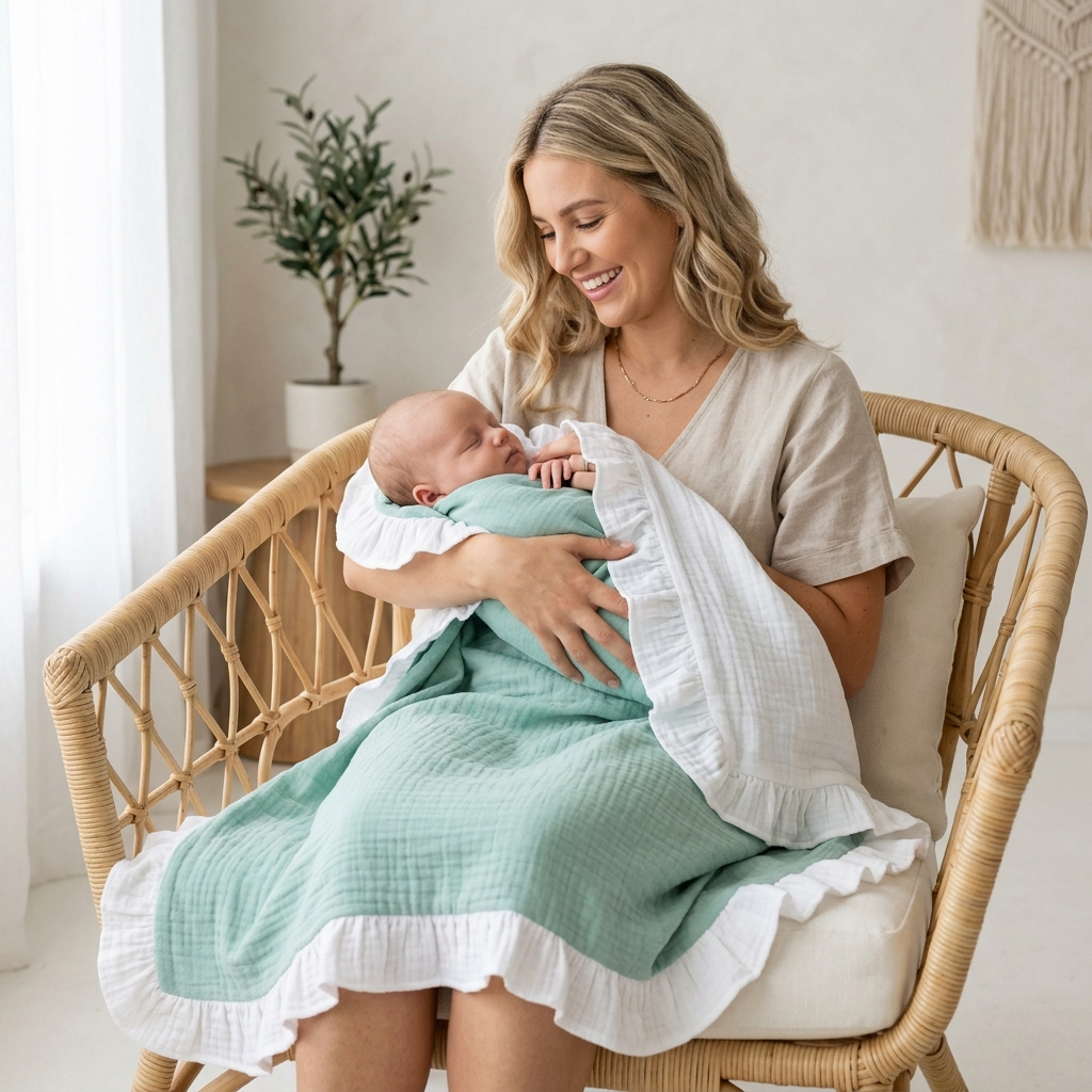 A woman sitting in a rattan chair cradles a newborn baby wrapped in a mint  and white ruffled muslin blanket in a bright, neutral-toned room.