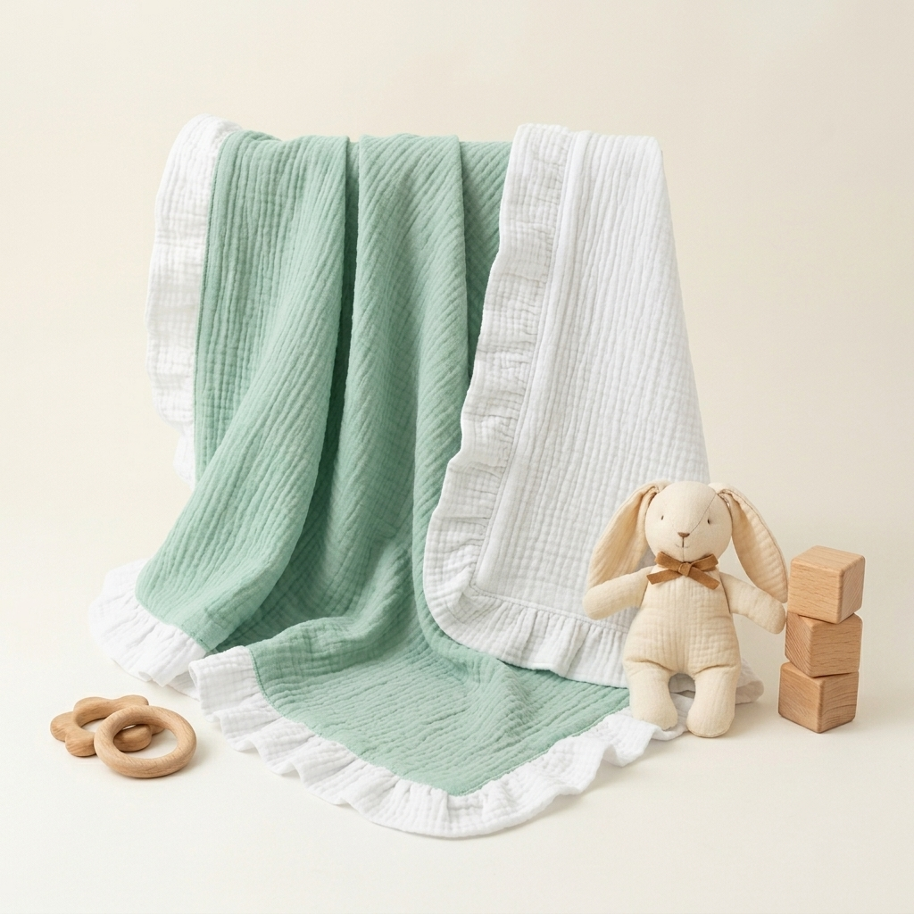 A mint  and white muslin baby blanket with ruffled edges, draped over a cream stuffed bunny toy next to wooden blocks and a wooden teething ring on a warm cream background.