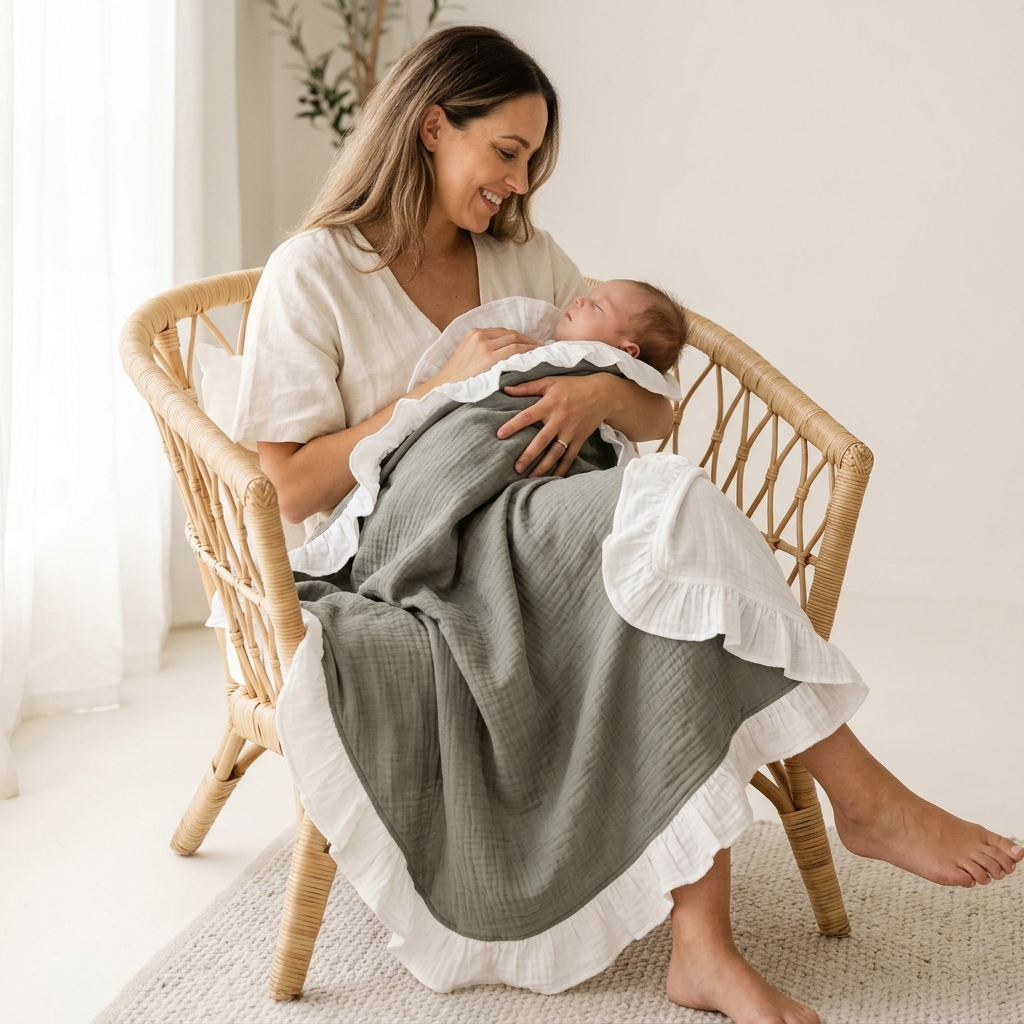 A woman sitting in a woven rattan chair holds a sleeping newborn baby wrapped in a olive grey muslin blanket with white ruffled trim, in a bright, neutral-toned room.
