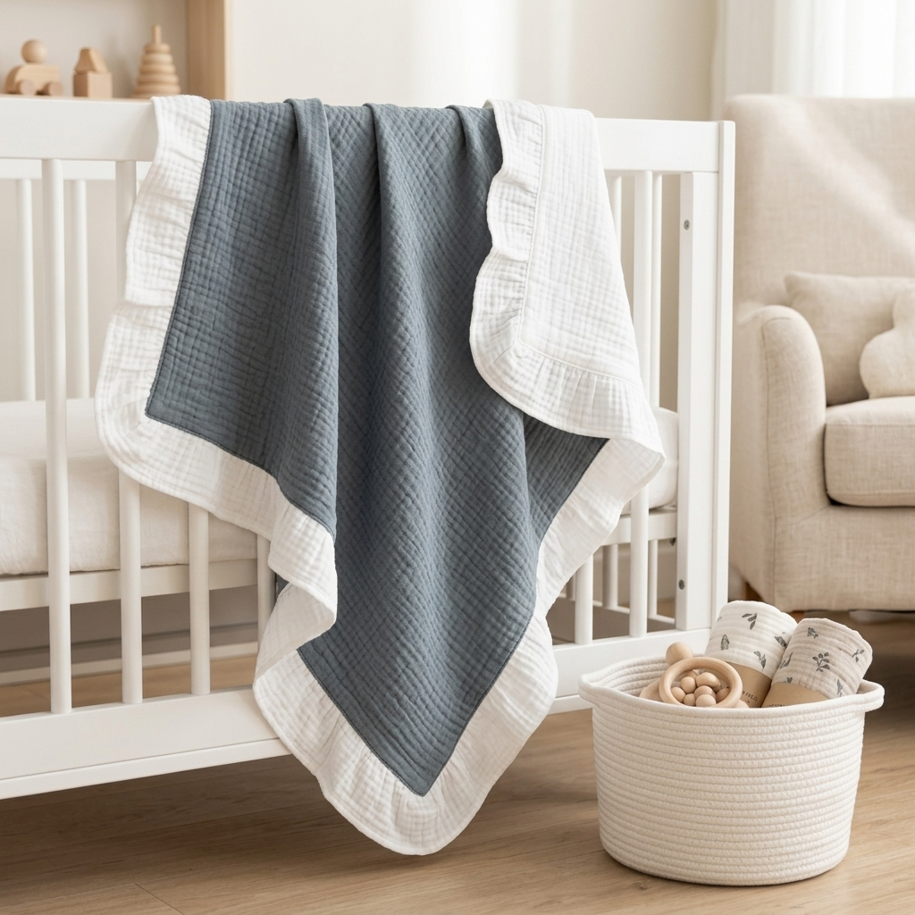 A baby blanket with a textured grey center and a white ruffled border, draped over a white crib in a softly lit nursery.