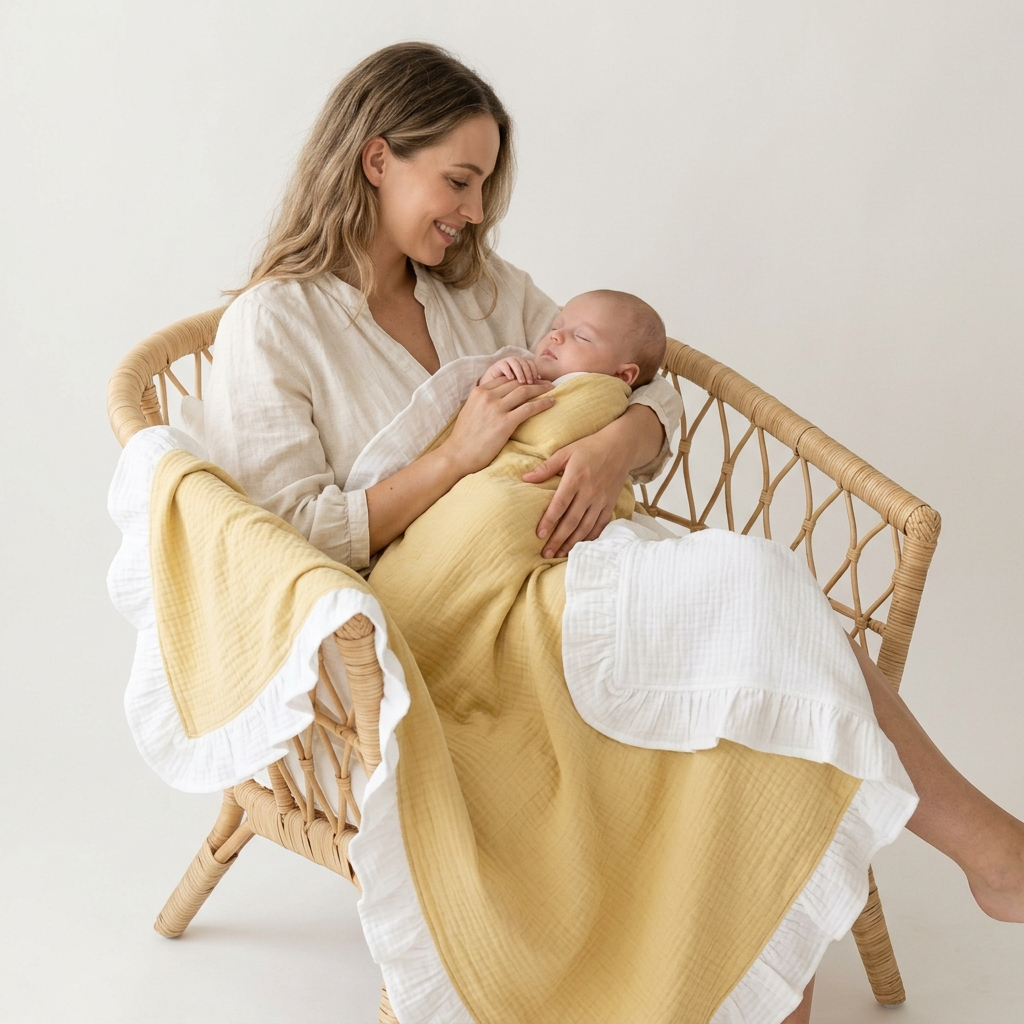 A woman sits in a woven rattan chair holding a sleeping newborn baby wrapped in a soft yellow muslin blanket with white ruffled trim, against a plain light beige studio background.