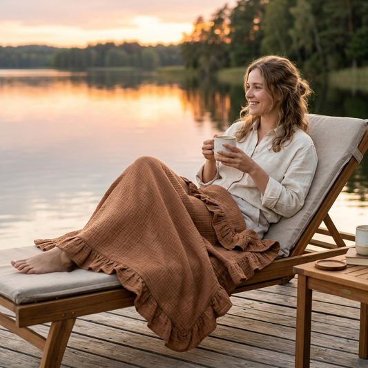 A woman relaxes in a wooden lounge chair on a lakeside deck at sunset, wrapped in a rust-brown fringed blanket and holding a mug. The scene includes water, trees, and a small side table.