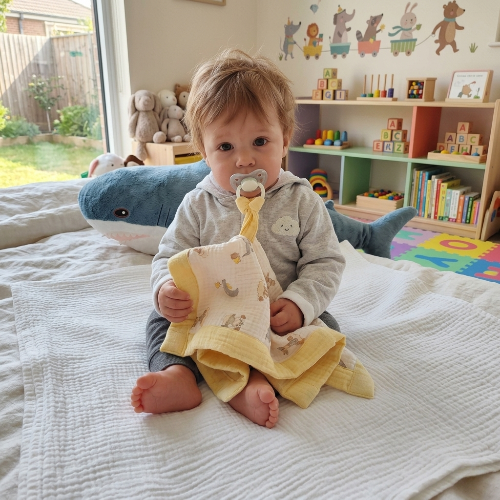 Baby holding an organic yellow muslin pacifier lovey security blanket with a duck print in a cozy nursery
